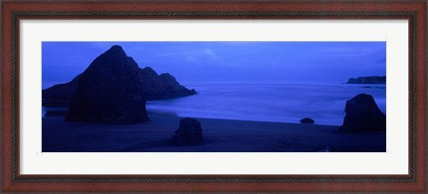 Framed Silhouette of rock formations in the sea at dusk, Myers Creek Beach, Oregon Print