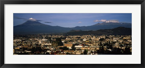 Framed Aerial view of a city a with mountain range in the background, Popocatepetl Volcano, Cholula, Puebla State, Mexico Print