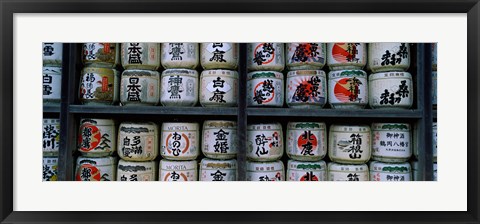 Framed Stack of jars on racks, Tsurugaoka Hachiman Shrine, Kamakura, Kanagawa Prefecture, Kanto Region, Japan Print