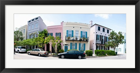 Framed Rainbow row colorful houses along a street, East Bay Street, Charleston, South Carolina, USA Print