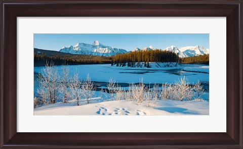 Framed Frozen river with mountain range in the background, Mt Fryatt, Athabaska River, Jasper National Park, Alberta, Canada Print