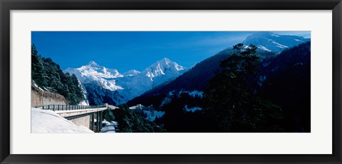 Framed Bridge through Snowcapped mountain range, Valais Canton, Switzerland Print