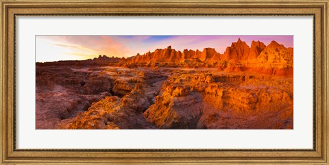 Framed Alpenglow on rock formations at sunrise, Door Trail, Badlands National Park, South Dakota, USA Print