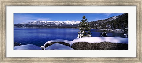 Framed Lake with a snowcapped mountain range in the background, Sand Harbor, Lake Tahoe, California, USA Print