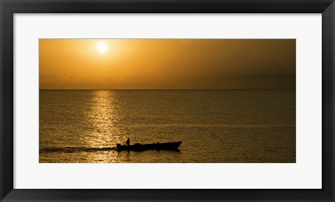 Framed Fishing boat in the sea at sunset, Negril, Westmoreland, Jamaica Print