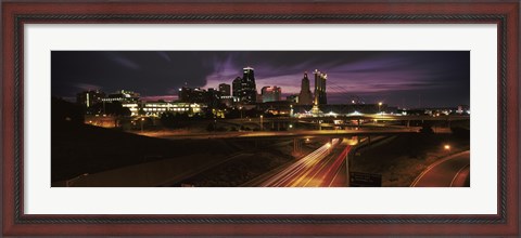 Framed Skyscrapers lit up at night in a city, Kansas City, Jackson County, Missouri, USA 2012 Print