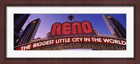 Framed Low angle view of the Reno Arch at dusk, Virginia Street, Reno, Nevada, USA Print