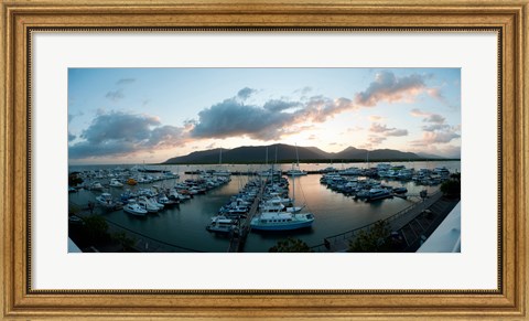 Framed Boats at a marina at dusk, Shangri-La Hotel, Cairns, Queensland, Australia Print