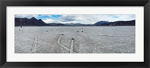 Framed Track created by one of the mysterious moving rocks at the Racetrack, Death Valley, Death Valley National Park, California, USA Print