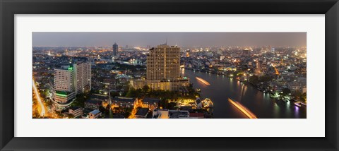 Framed High angle view of city at dusk, Chao Phraya River, Bangkok, Thailand Print