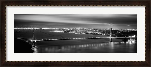 Framed Golden Gate Bridge and San Francisco Skyline Lit Up (black &amp; white) Print