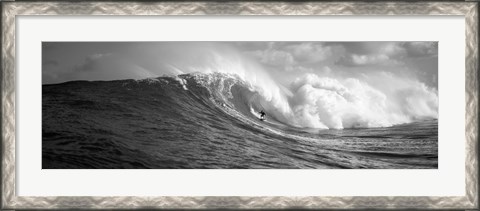 Framed Surfer in the sea in Black and White, Maui, Hawaii Print