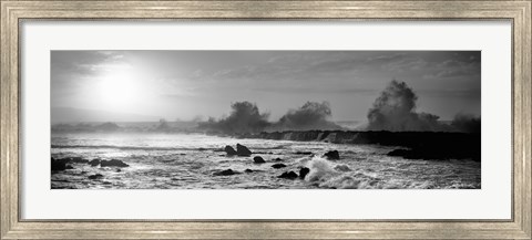 Framed Waves breaking on rocks in the ocean in black and white, Oahu, Hawaii Print