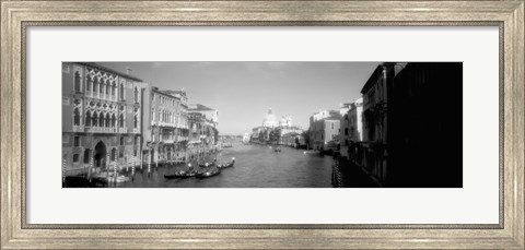Framed Gondolas and buildings along a canal in black and white, Grand Canal, Venice, Italy Print