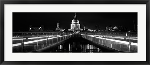 Framed Bridge lit up at night, London Millennium Footbridge, St. Paul&#39;s Cathedral, Thames River, London, England Print