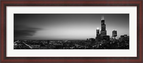 Framed Chicago Skyline at Night (black &amp; white) Print