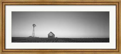 Framed Farmhouse and Windmill in a Field, Illinois (black &amp; white) Print