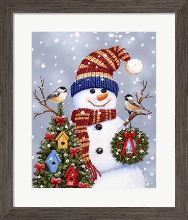 Framed Snowman With Wreath Print