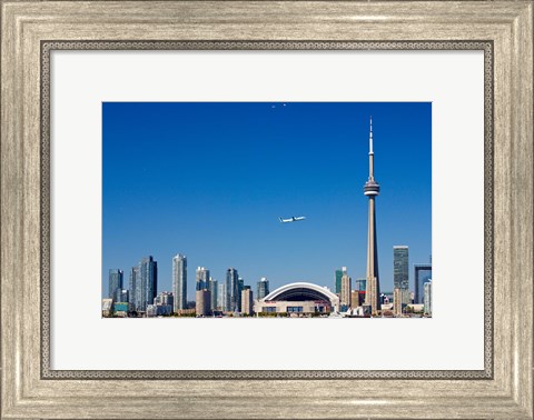 Framed Airplane over city skylines, CN Tower, Toronto, Ontario, Canada 2011 Print