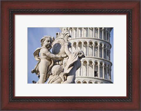 Framed La Fontana dei Putti in front of Leaning Tower of Pisa, Pisa, Tuscany, Italy Print