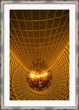 Framed Interiors of Jin Mao Tower looking down to the lobby of the Grand Hyatt hotel, Lujiazui, Pudong, Shanghai, China Print