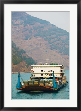 Framed Container ship in the river with mountains in the background, Yangtze River, Fengdu, Chongqing Province, China Print