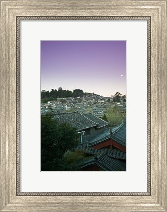 Framed High angle view of houses in the old town at dawn, Lijiang, Yunnan Province, China Print
