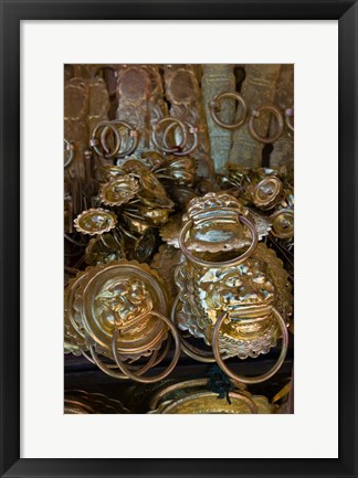 Framed Brass items for sale in a street market, Old Town, Lijiang, Yunnan Province, China Print