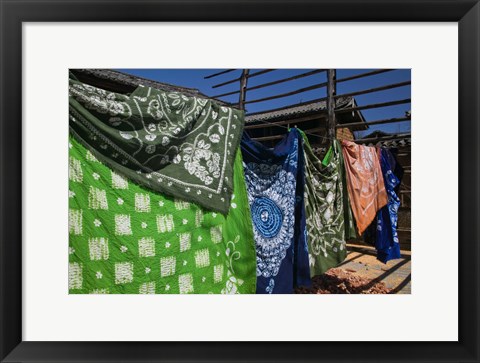 Framed Batik fabric souvenirs at a market stall, Baisha, Lijiang, Yunnan Province, China Print