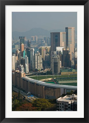 Framed High angle view of a horseracing track, Happy Valley Racecourse, Happy Valley, Wan Chai District, Hong Kong Print