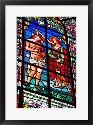 Framed Stained glass window at Cathedral of Notre Dame Le Puy, Le Puy-en-Velay, Haute-Loire, Auvergne, France Print