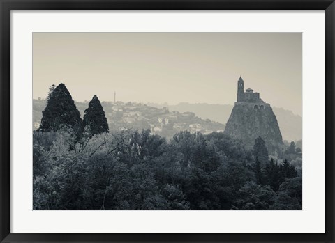 Framed Saint Michel d&#39;Aiguilhe Chapel at Dawn, Aiguilhe, Le Puy-en-Velay, Haute-Loire, Auvergne, France (black and white) Print