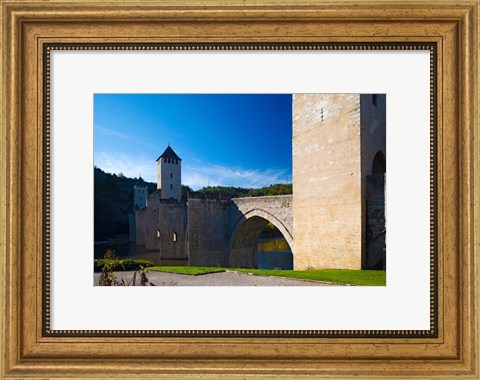 Framed Medieval bridge across a river, Pont Valentre, Lot River, Cahors, Lot, Midi-Pyrenees, France Print