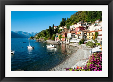 Framed Houses at waterfront with boats on Lake Como, Varenna, Lombardy, Italy Print
