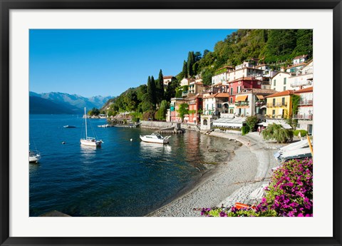 Framed Houses at waterfront with boats on Lake Como, Varenna, Lombardy, Italy Print