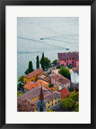 Framed High angle view of buildings in a town at the lakeside, Varenna, Lake Como, Lombardy, Italy Print