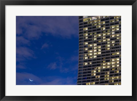 Framed Low angle view of a shopping centre with crescent moon at dusk, Marina Bay Sands, Singapore Print