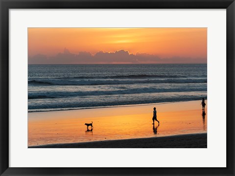Framed Silhouette of people and dog walking on the beach, Seminyak, Kuta, Bali, Indonesia Print