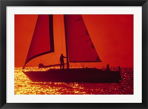 Framed Silhouette of a sailboat in a lake, Lake Michigan, Chicago, Cook County, Illinois, USA Print