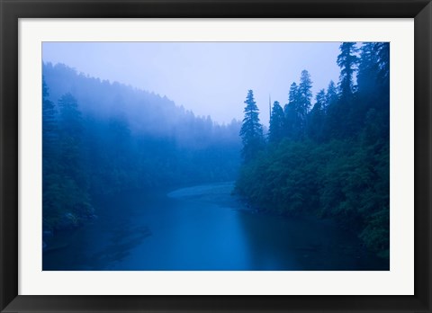 Framed River passing through a forest in the rainy morning, Jedediah Smith Redwoods State Park, Crescent City, California, USA Print