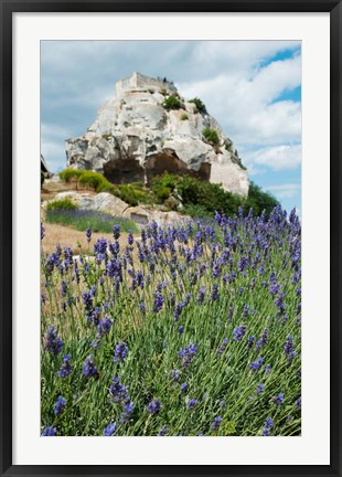 Framed Lavender field in front of ruins of fortress on a rock, Les Baux-de-Provence, Provence-Alpes-Cote d&#39;Azur, France Print