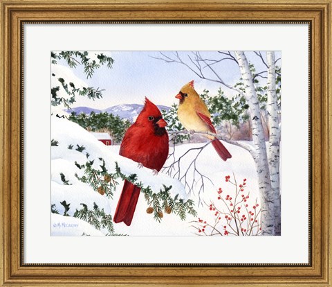 Framed Cardinals And Hemlock Tree Print