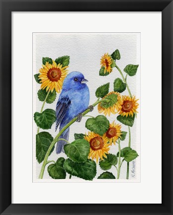 Framed Indigo Bunting And Sunflower Print