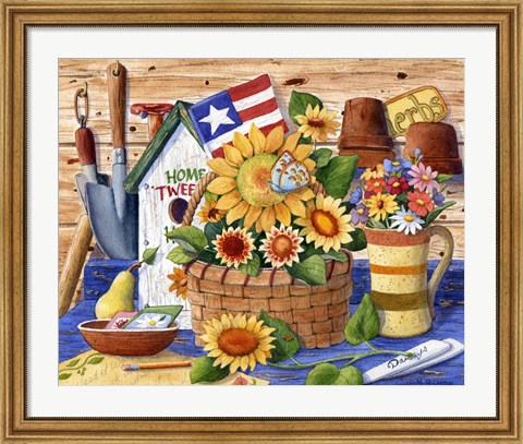 Framed Sunflowers and Flag Print