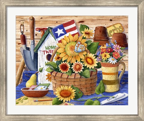 Framed Sunflowers and Flag Print
