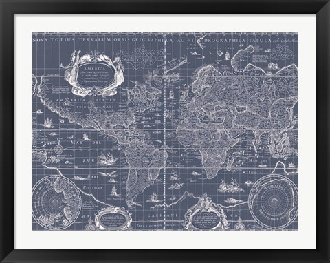 Framed Blueprint World Map Print