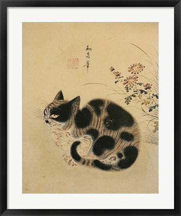 Framed Autumn Cat in a Garden with Chrysanthemum Print