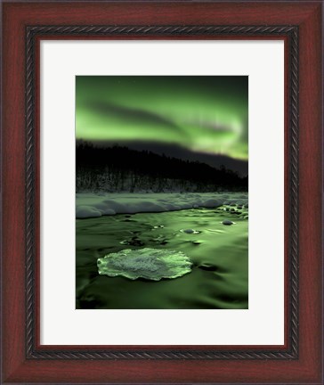 Framed Aurora Borealis reflects off the Tennevik River, Troms County, Norway Print