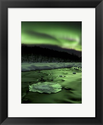 Framed Aurora Borealis reflects off the Tennevik River, Troms County, Norway Print