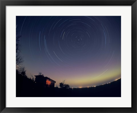 Framed Circumpolar star trails with a faint aurora over horizon, Alberta, Canada Print